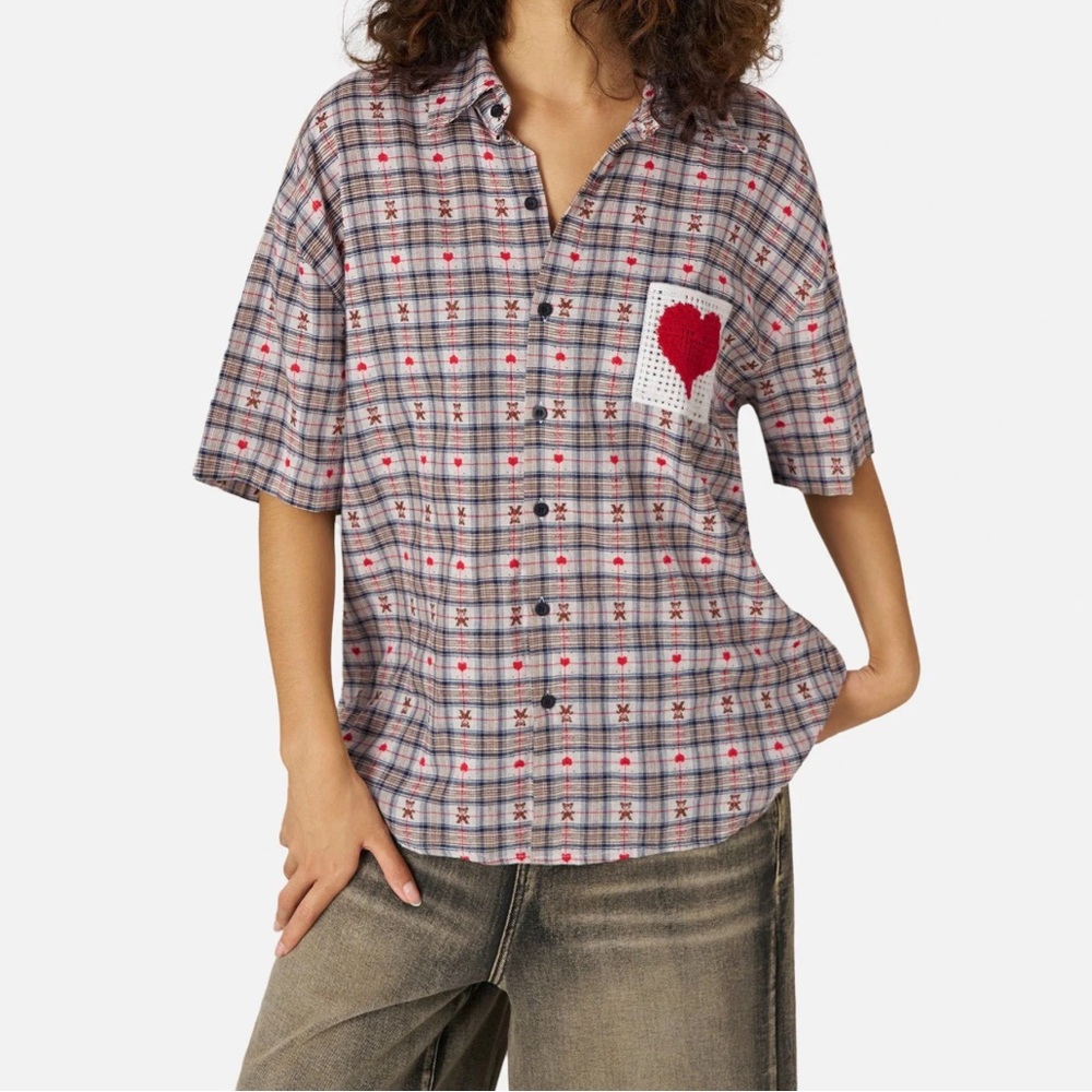 Aelfric Eden Plaid Button-Down Shirt with Red Heart Patch NWT